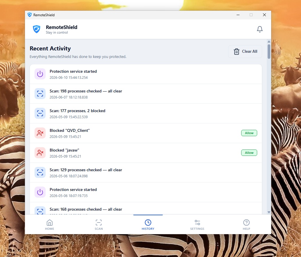 RemoteShield History Tab